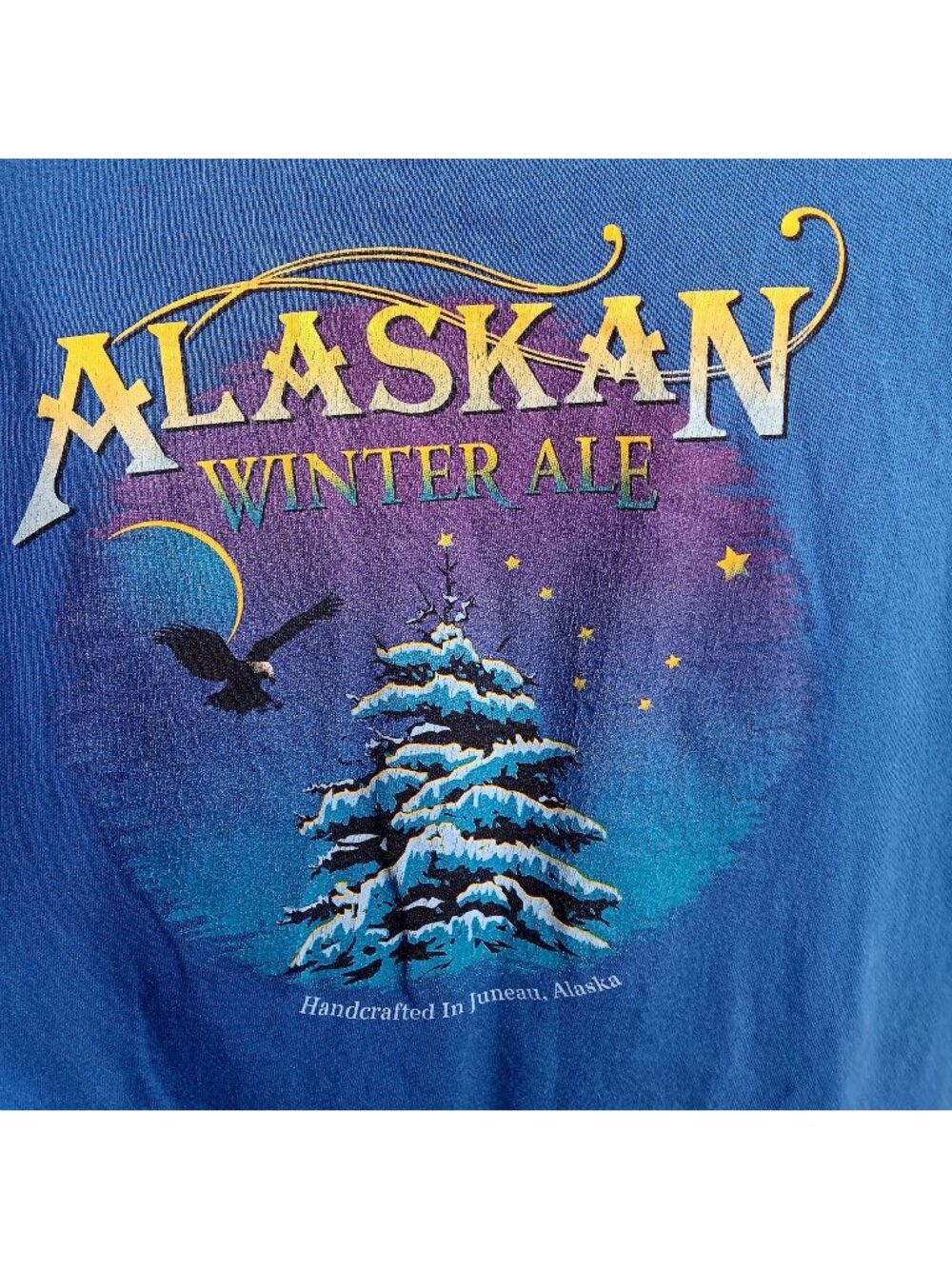 Vintage Large Alaskan Winter Ale Beer Blue Graphic Tee Hanes Beefy-T USA 1990s
